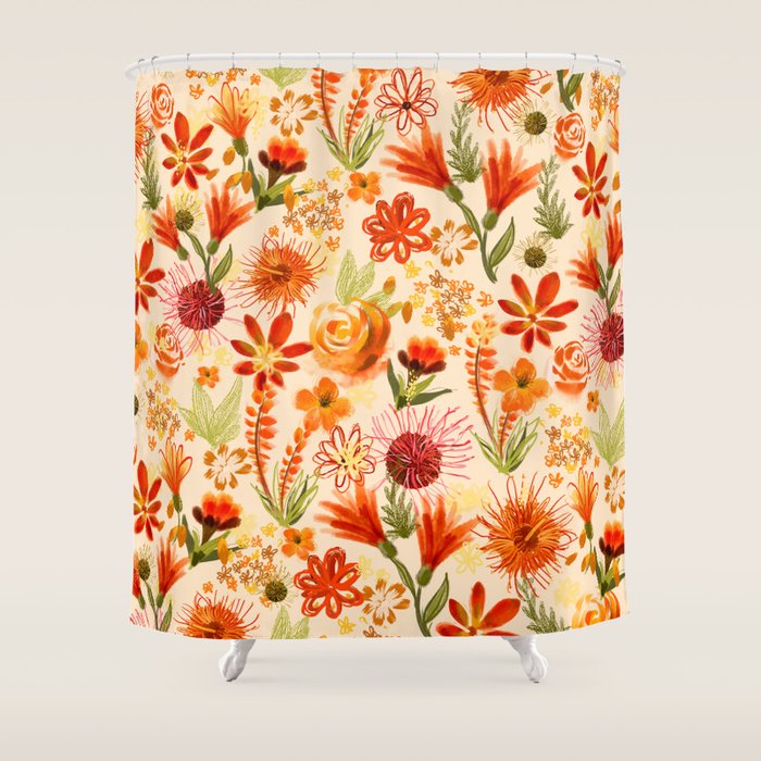 Watercolor Flowers, Orange, Red, Boho, Pretty, Bright Colours Shower Curtain