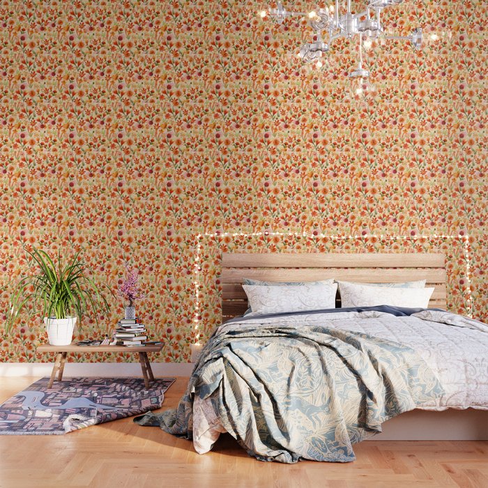 Watercolor Flowers, Orange, Red, Boho, Pretty, Bright Colours Wallpaper