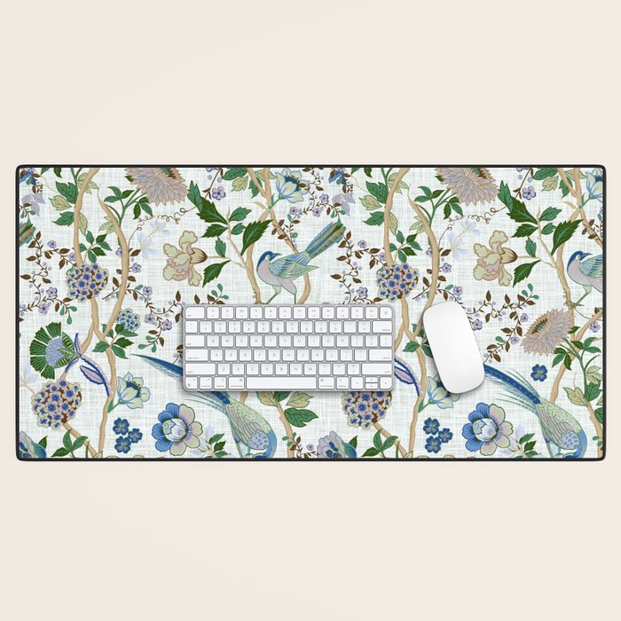 Chinoiserie Birds Peacock Flowers Leaves, Romantic, Vintage, Retro, Cozy Heirloom Desk Mat