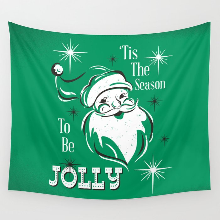 'Tis The Season - Retro Santa Green Wall Tapestry