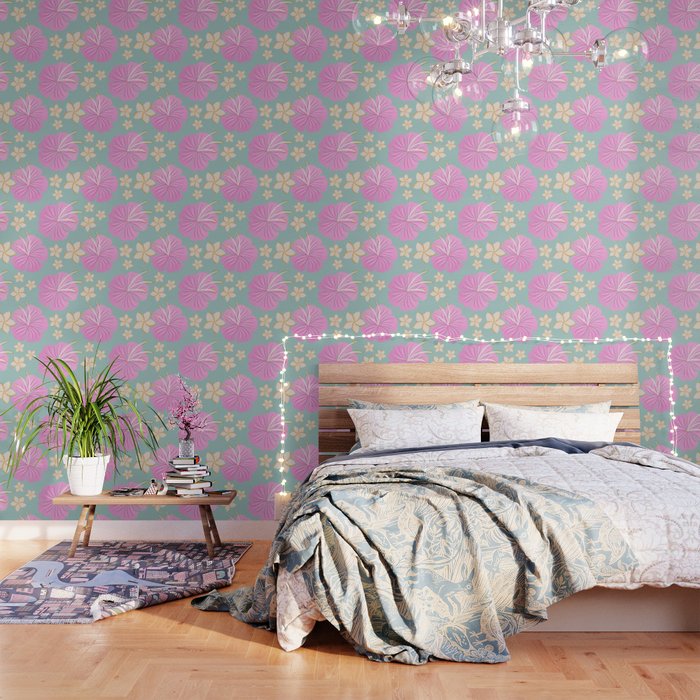 Pink And Turquoise Hibiscus Flowers Pattern Wallpaper