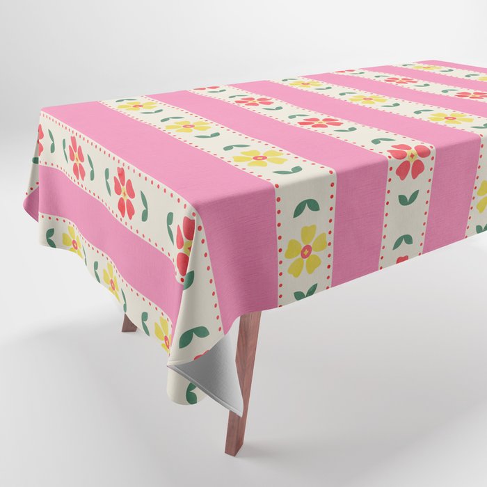 Granny Style Vintage Florals On Pink Stripes Tablecloth