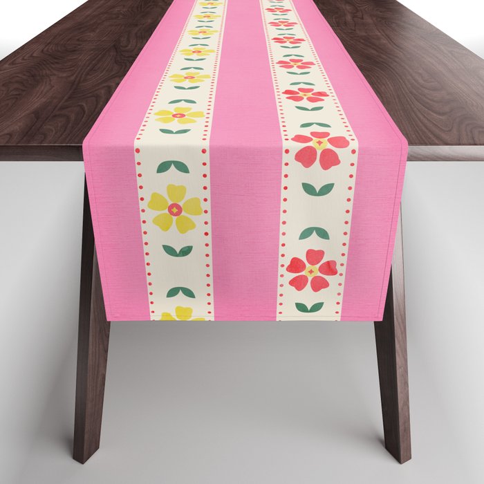 Granny Style Vintage Florals On Pink Stripes Table Runner
