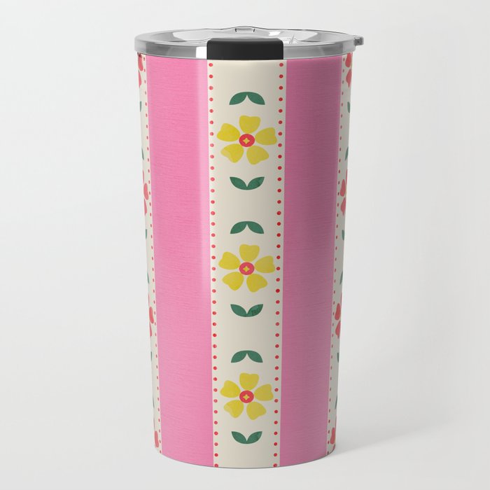 Granny Style Vintage Florals On Pink Stripes Travel Mug