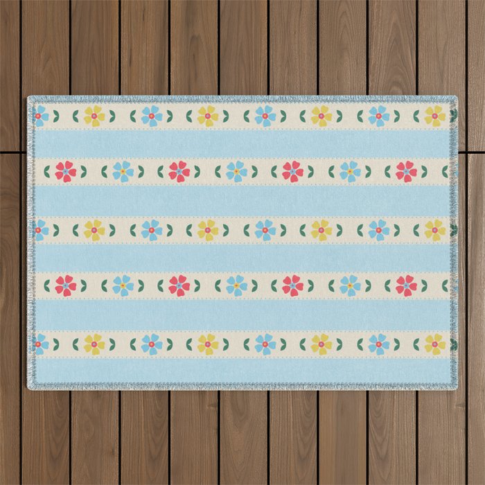 Granny Style Vintage Florals And Light Blue Stripes Outdoor Rug