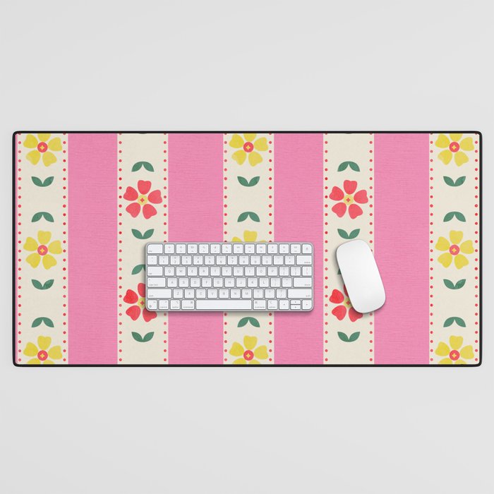 Granny Style Vintage Florals On Pink Stripes Desk Mat