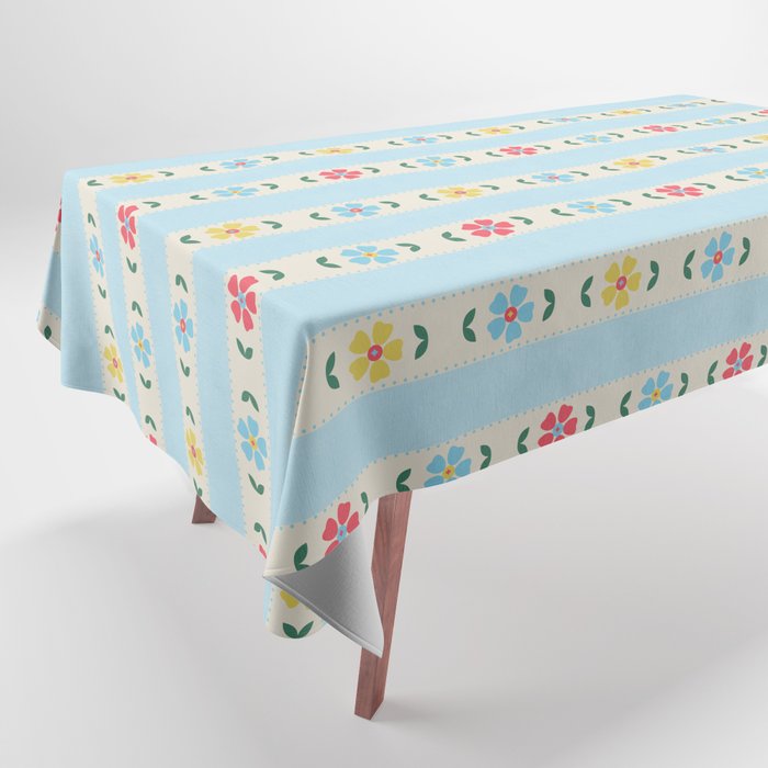 Granny Style Vintage Florals And Light Blue Stripes Tablecloth
