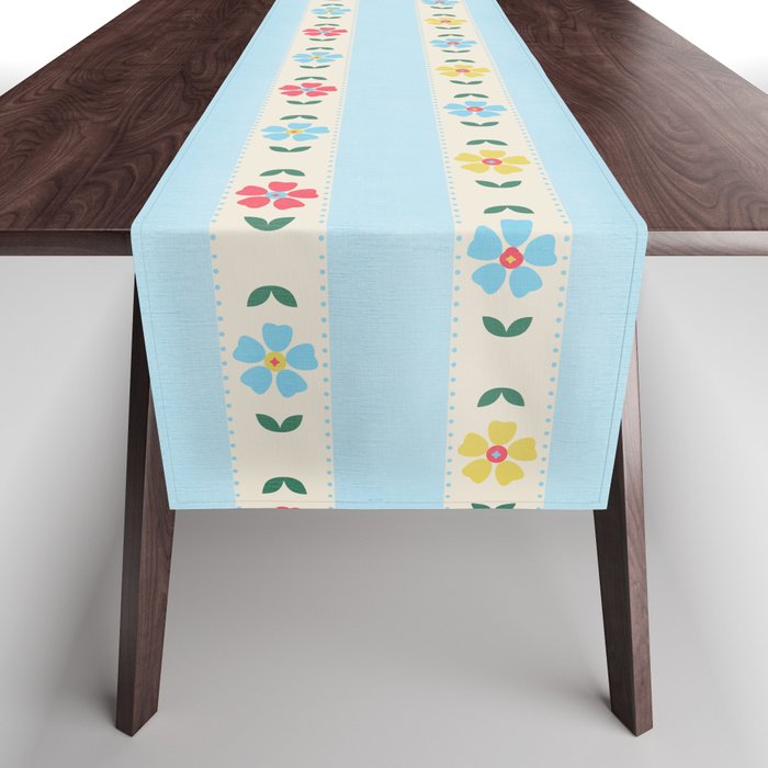 Granny Style Vintage Florals And Light Blue Stripes Table Runner