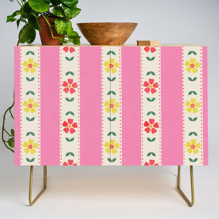 Granny Style Vintage Florals On Pink Stripes Credenza