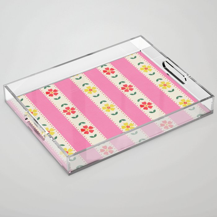Granny Style Vintage Florals On Pink Stripes Acrylic Tray