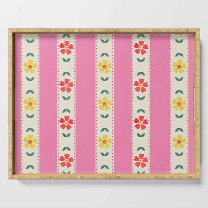 Granny Style Vintage Florals On Pink Stripes Serving Tray