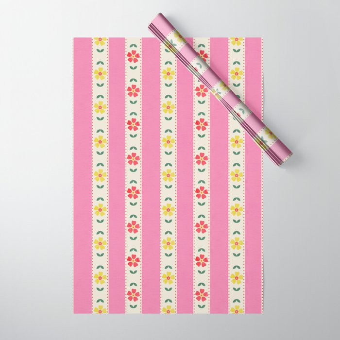 Granny Style Vintage Florals On Pink Stripes Wrapping Paper