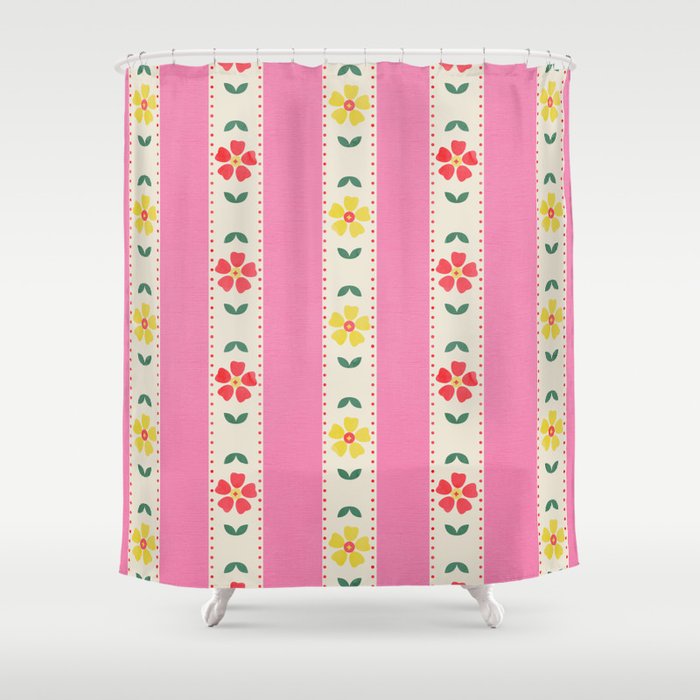 Granny Style Vintage Florals On Pink Stripes Shower Curtain