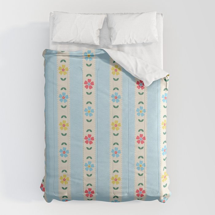 Granny Style Vintage Florals And Light Blue Stripes Comforter