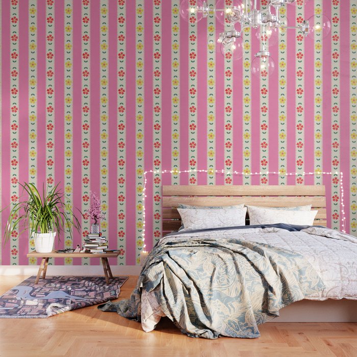 Granny Style Vintage Florals On Pink Stripes Wallpaper