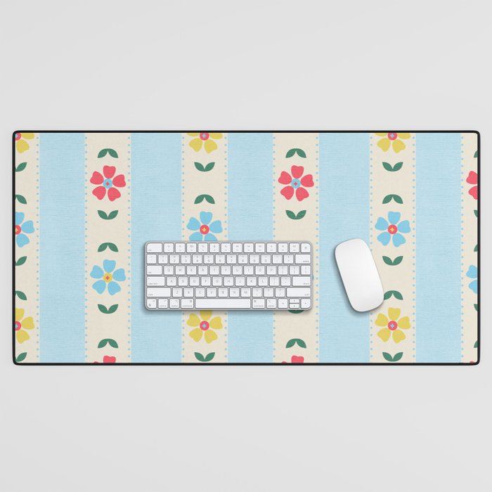 Granny Style Vintage Florals And Light Blue Stripes Desk Mat