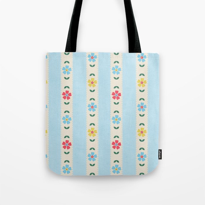 Granny Style Vintage Florals And Light Blue Stripes Tote Bag