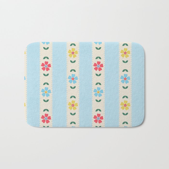 Granny Style Vintage Florals And Light Blue Stripes Bath Mat