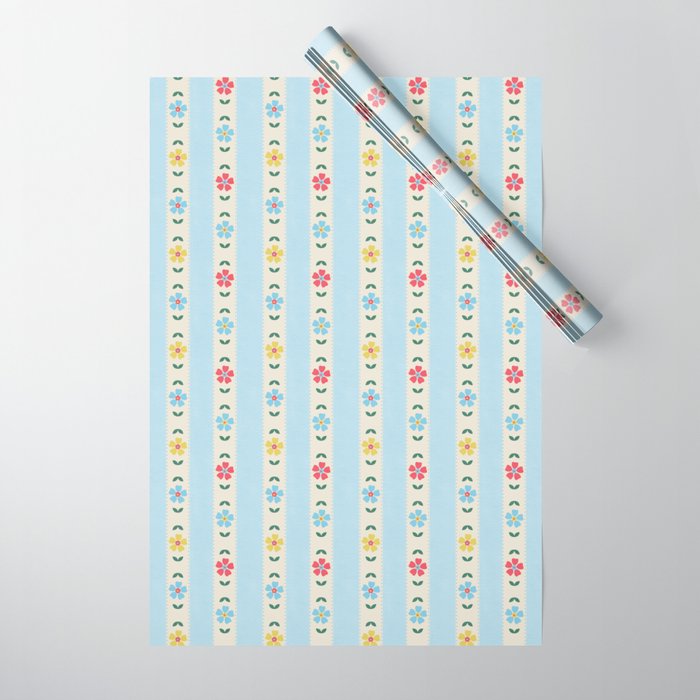 Granny Style Vintage Florals And Light Blue Stripes Wrapping Paper