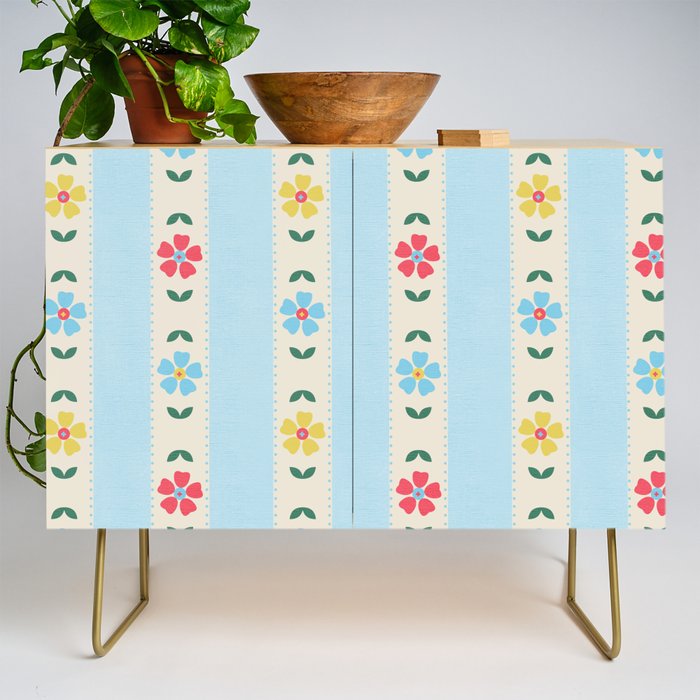 Granny Style Vintage Florals And Light Blue Stripes Credenza