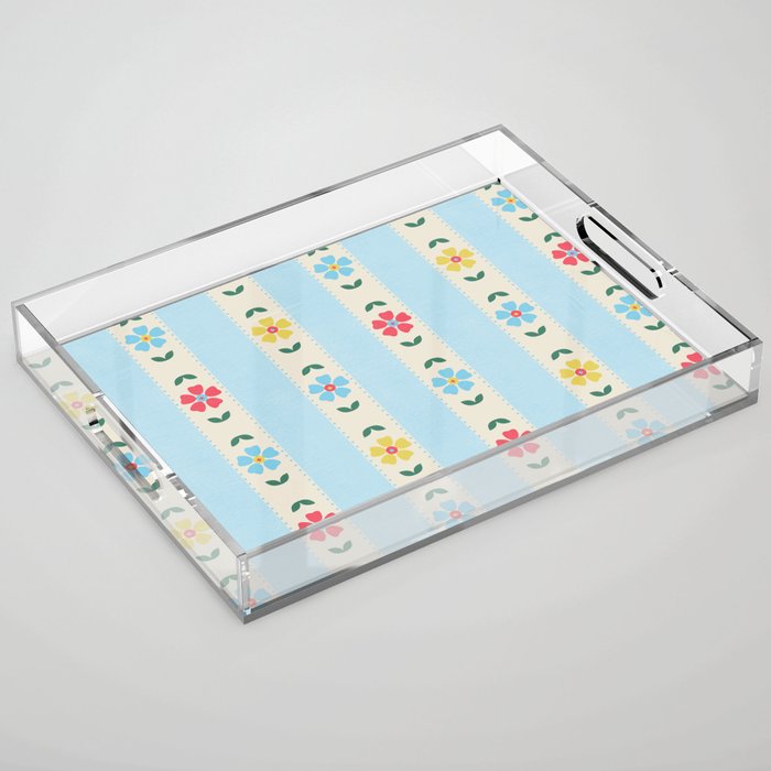 Granny Style Vintage Florals And Light Blue Stripes Acrylic Tray