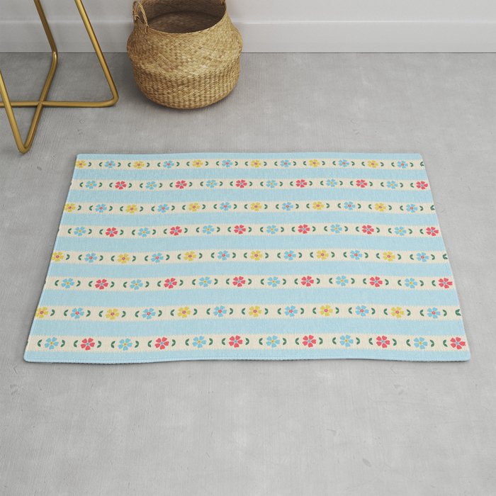 Granny Style Vintage Florals And Light Blue Stripes Rug