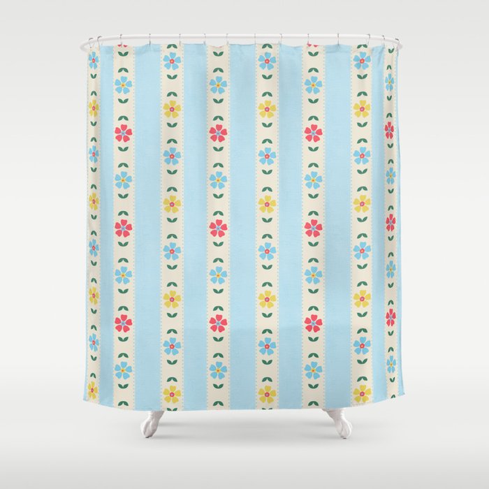 Granny Style Vintage Florals And Light Blue Stripes Shower Curtain
