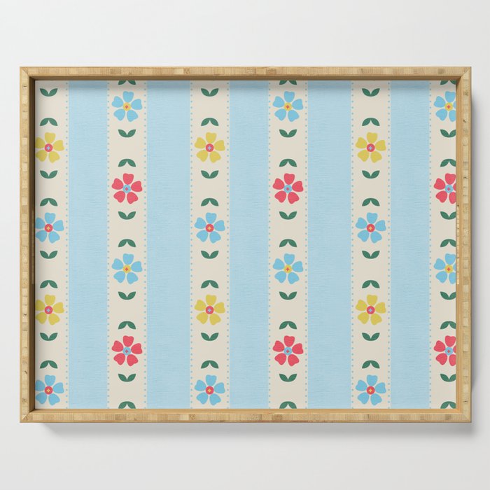 Granny Style Vintage Florals And Light Blue Stripes Serving Tray