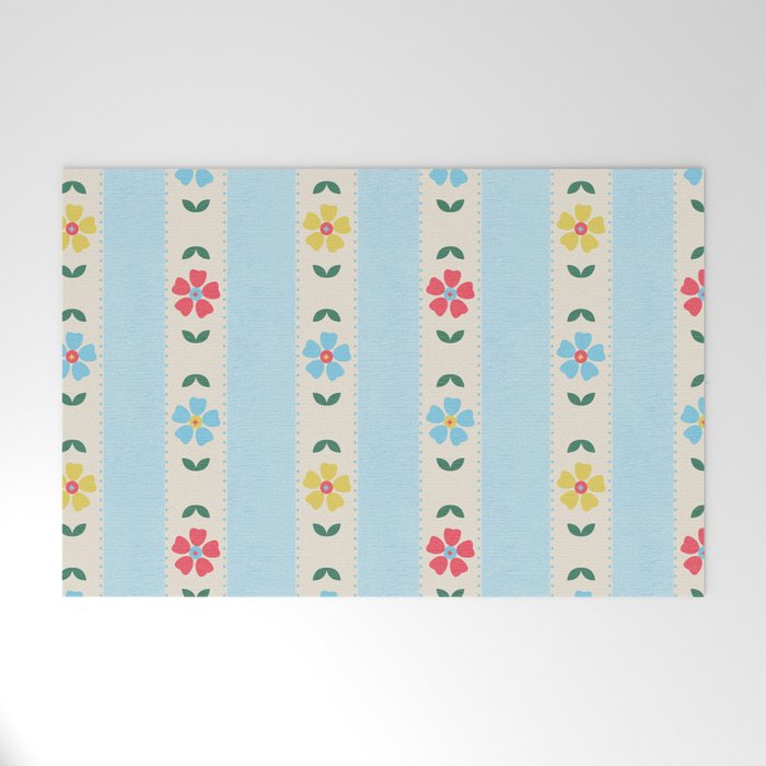 Granny Style Vintage Florals And Light Blue Stripes Welcome Mat