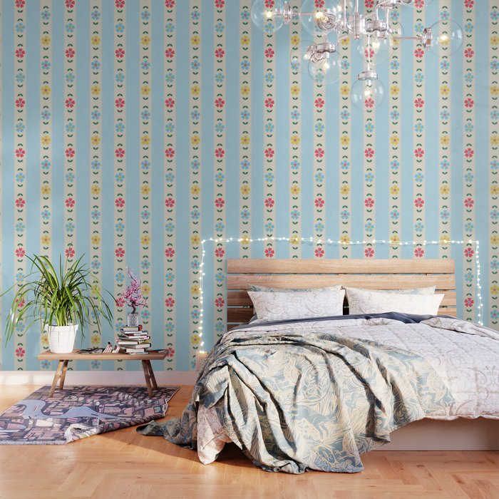 Granny Style Vintage Florals And Light Blue Stripes Wallpaper