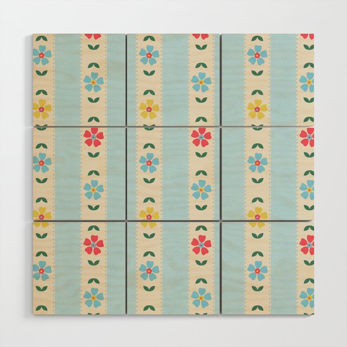 Granny Style Vintage Florals And Light Blue Stripes Wood Wall Art