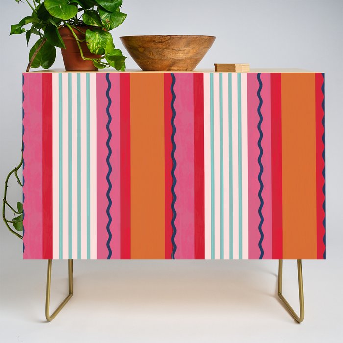 Bold Color Play Pink And Orange Stripes Credenza