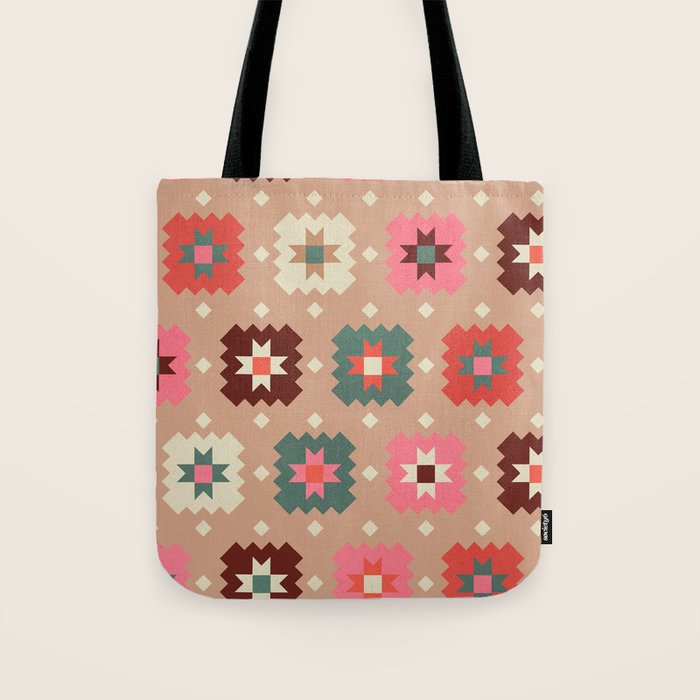 Festive Winter Quilt Tiles With Stars Tote Bag