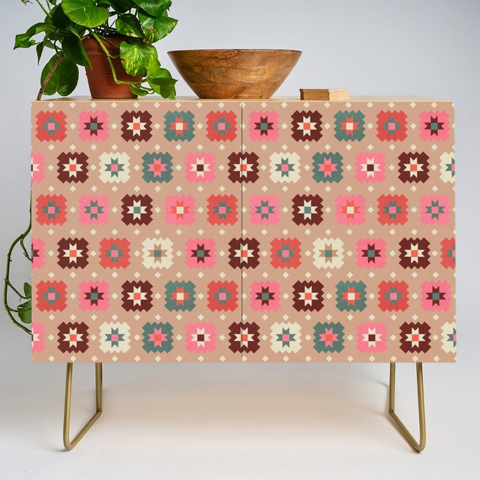 Festive Winter Quilt Tiles With Stars Credenza