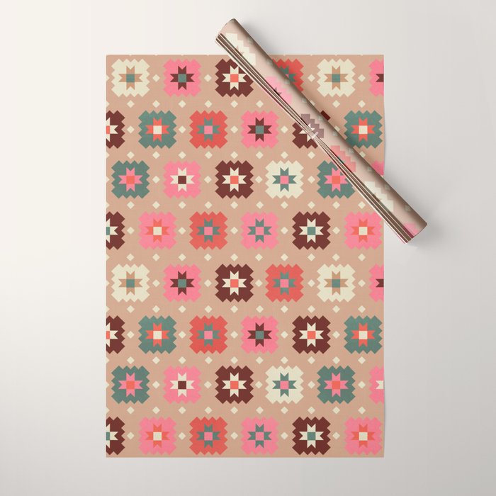 Festive Winter Quilt Tiles With Stars Wrapping Paper
