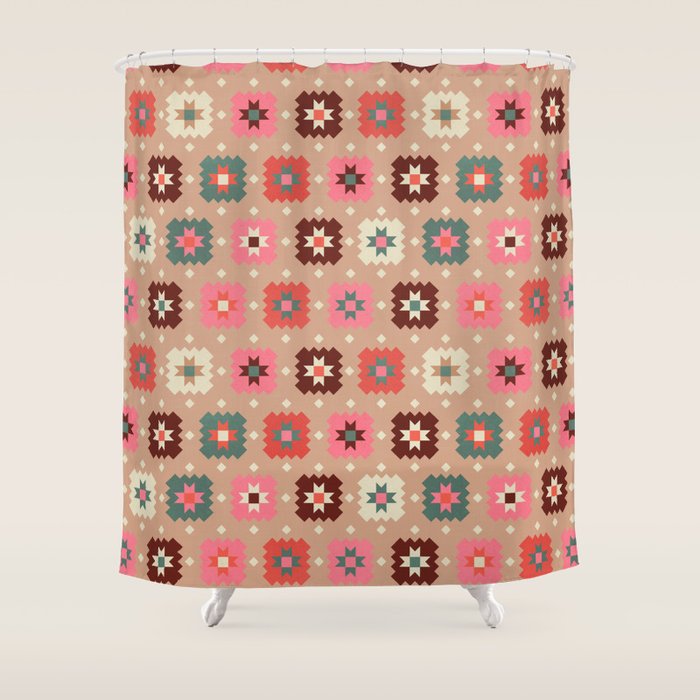 Festive Winter Quilt Tiles With Stars Shower Curtain