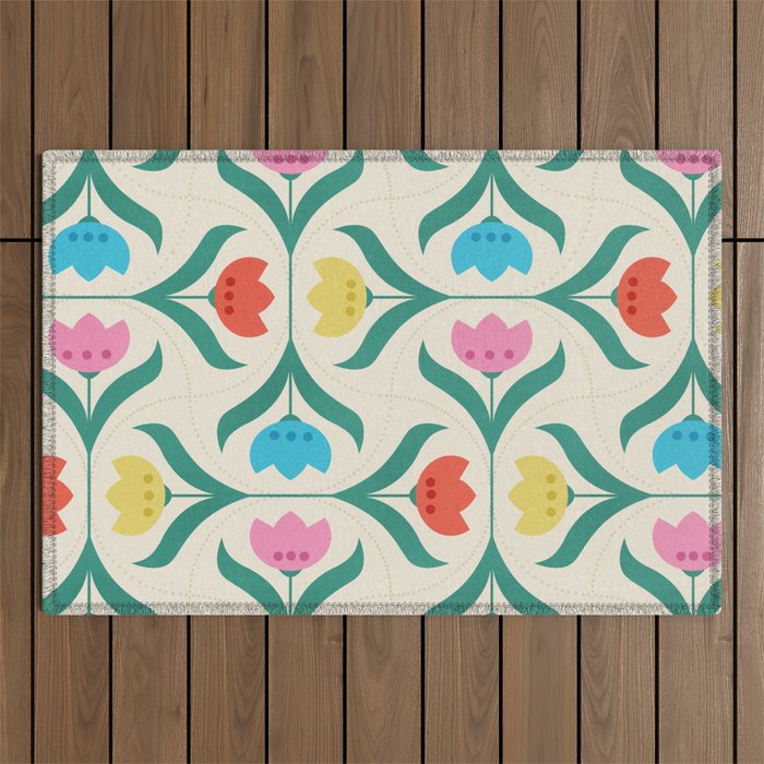 Vintage Tulips Patchwork Pattern Outdoor Rug