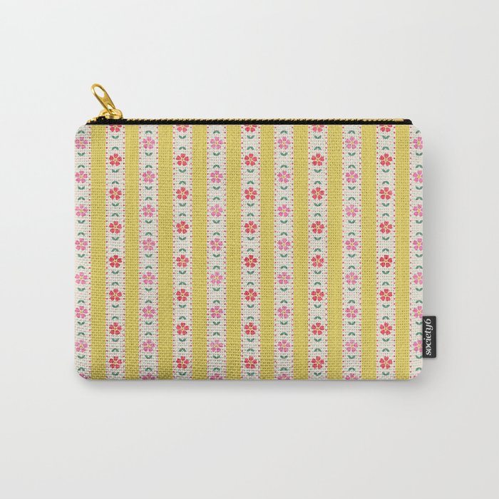 Granny Style Vintage Florals On Yellow Stripes Carry All Pouch