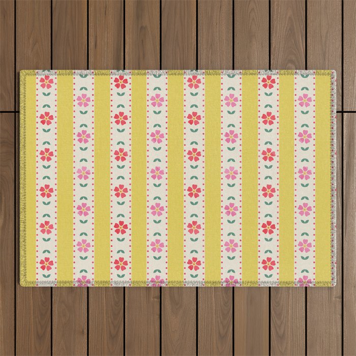 Granny Style Vintage Florals On Yellow Stripes Outdoor Rug