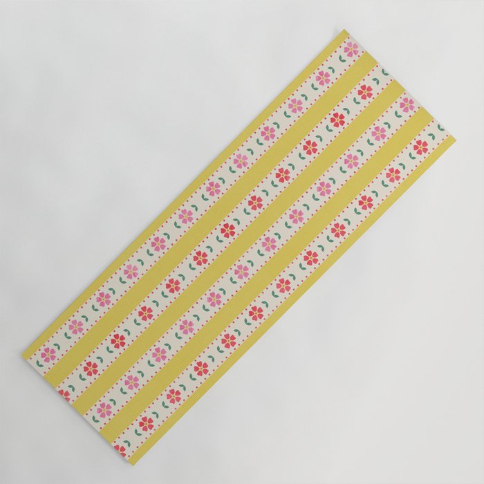 Granny Style Vintage Florals On Yellow Stripes Yoga Mat