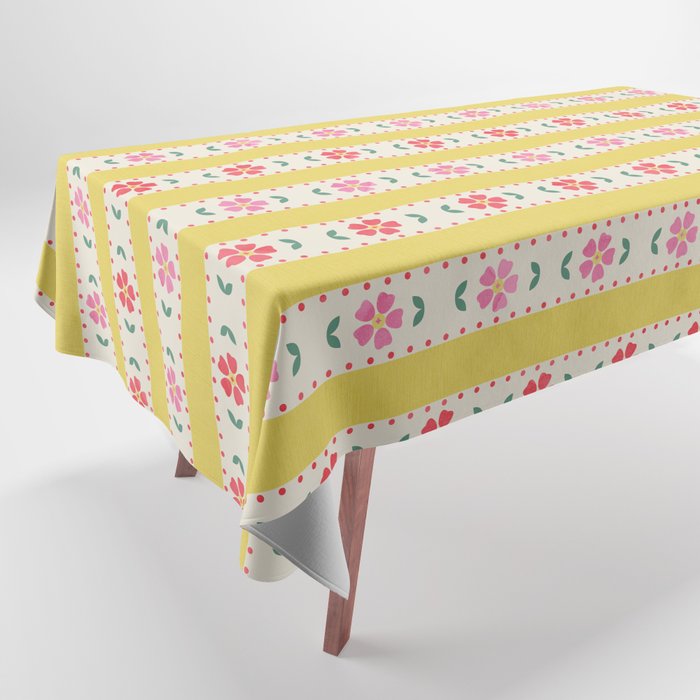 Granny Style Vintage Florals On Yellow Stripes Tablecloth