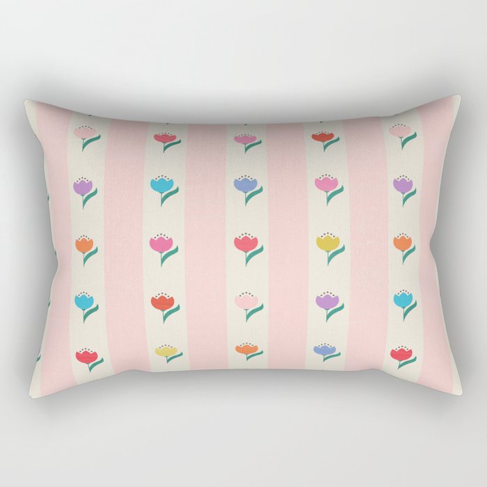Cheery Tulips On Pink And Cream Vertical Stripes Rectangular Pillow