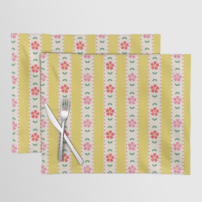 Granny Style Vintage Florals On Yellow Stripes Placemat