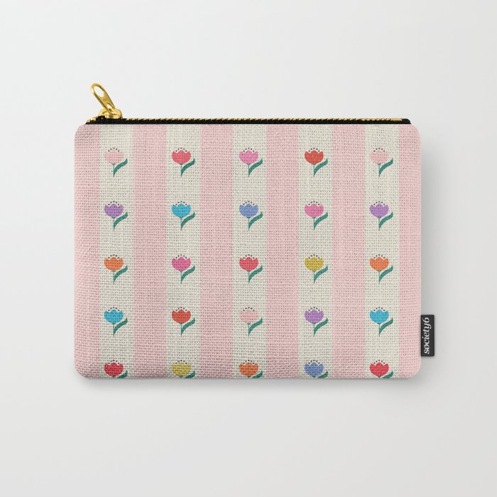 Cheery Tulips On Pink And Cream Vertical Stripes Carry All Pouch