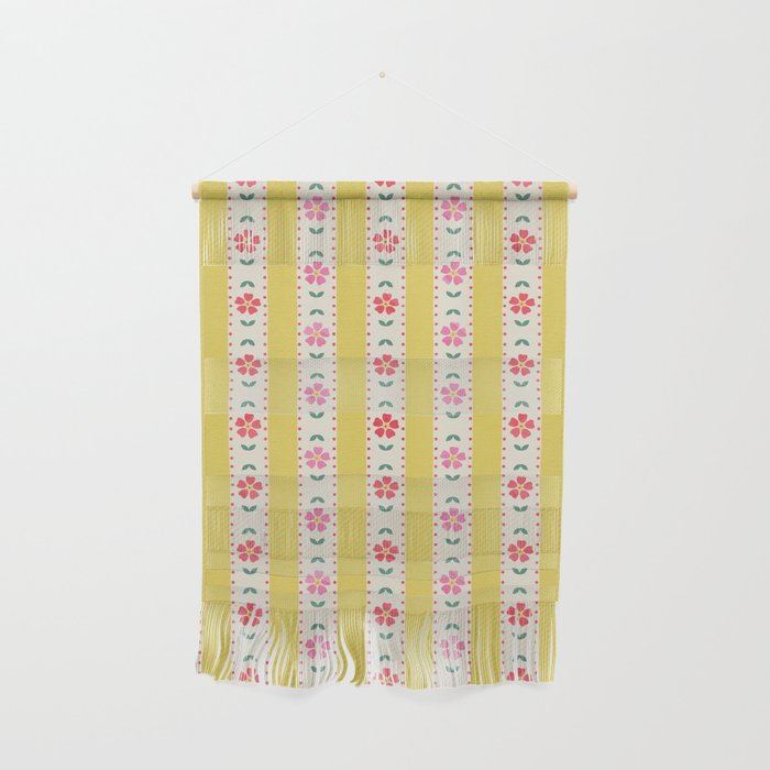Granny Style Vintage Florals On Yellow Stripes Wall Hanging