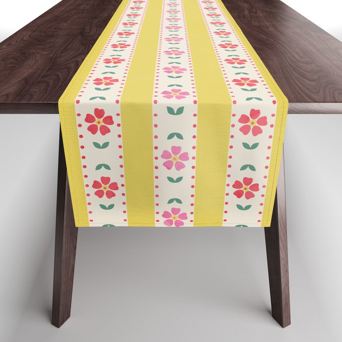Granny Style Vintage Florals On Yellow Stripes Table Runner