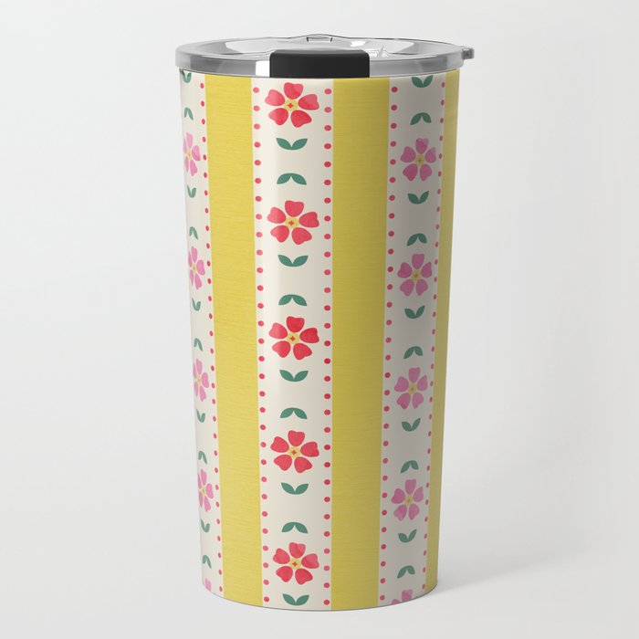 Granny Style Vintage Florals On Yellow Stripes Travel Mug