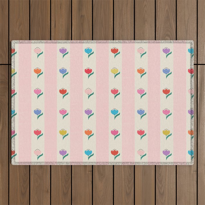 Cheery Tulips On Pink And Cream Vertical Stripes Outdoor Rug