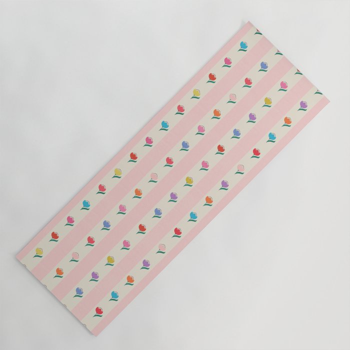 Cheery Tulips On Pink And Cream Vertical Stripes Yoga Mat