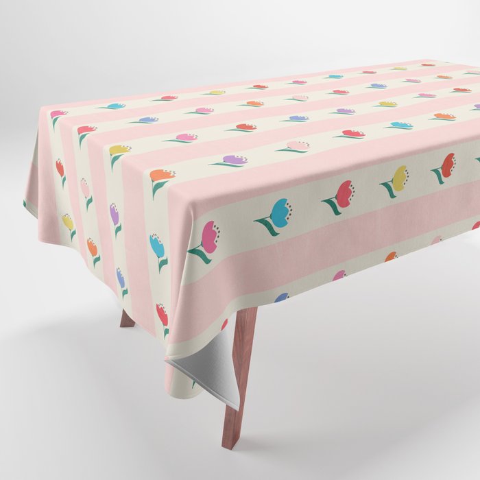 Cheery Tulips On Pink And Cream Vertical Stripes Tablecloth